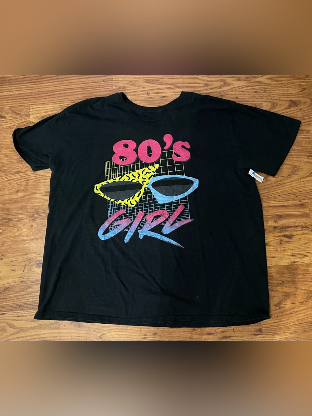 Gildan Black Tee with Pink Yellow and Blue 80's Girl Graphic Halloween Costume